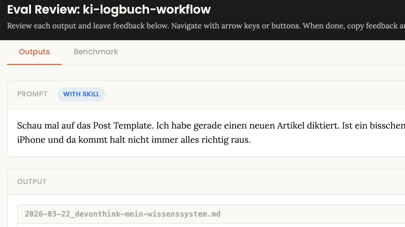 Screenshot der Testergebnis-HTML-Datei, die Claude nach dem Skill-Vergleich erstellt hat
